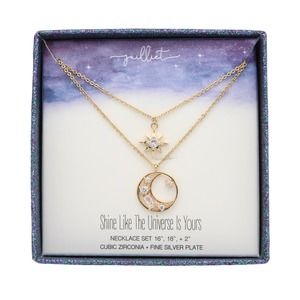 Set of Two Celestial Moon & Star CZ Necklaces in Gift Box #BX005